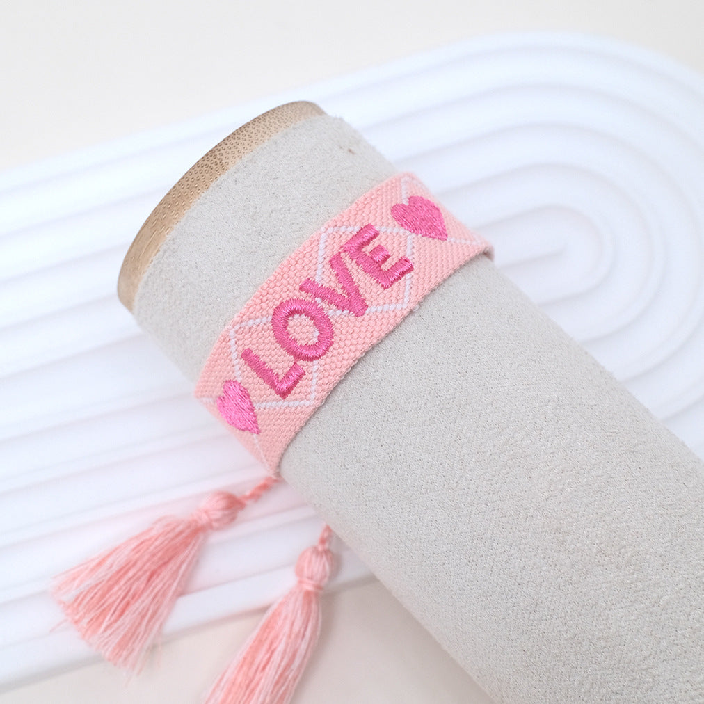 Wholesale Cord Embroiderable Logo Ethnic Style Letter Woven Tassel Bracelet